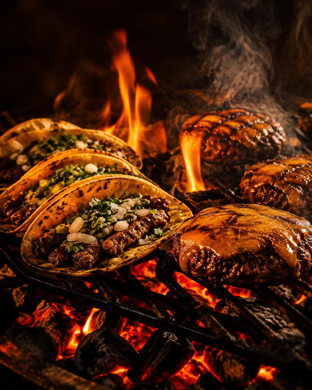 Tacos et burgers grillés au charbon, dans les flammes